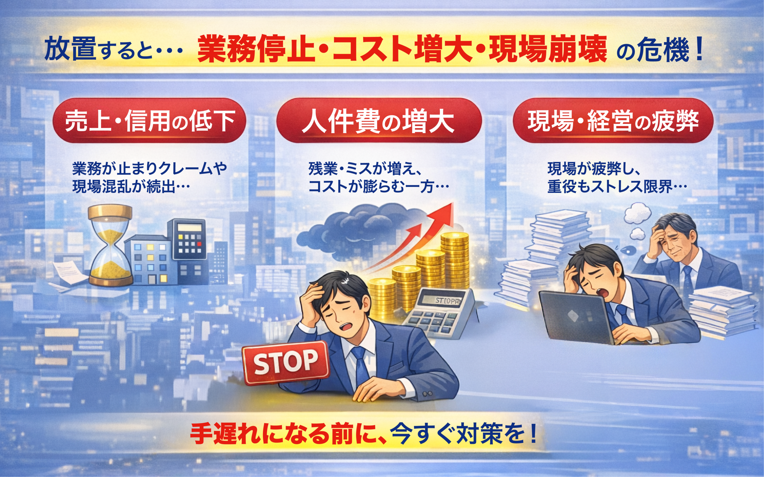 放置すると…業務停止・コスト増大・現場崩壊の危機！